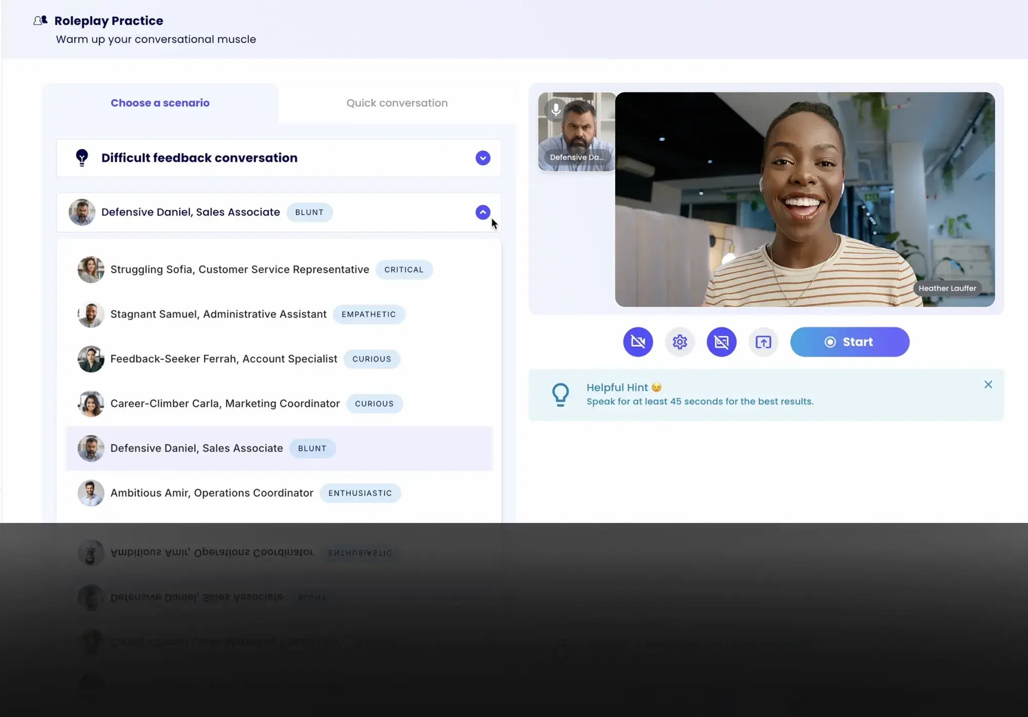A screenshot show the user interface of Lio, MindGym's AI conversations coach