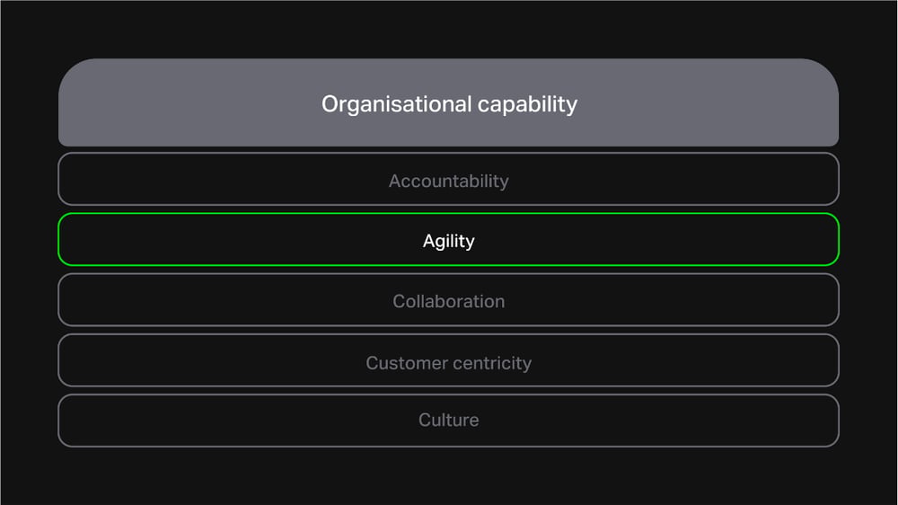 A single-column table with 'organisational capability' at the top and 'agility' highlighted in a row below