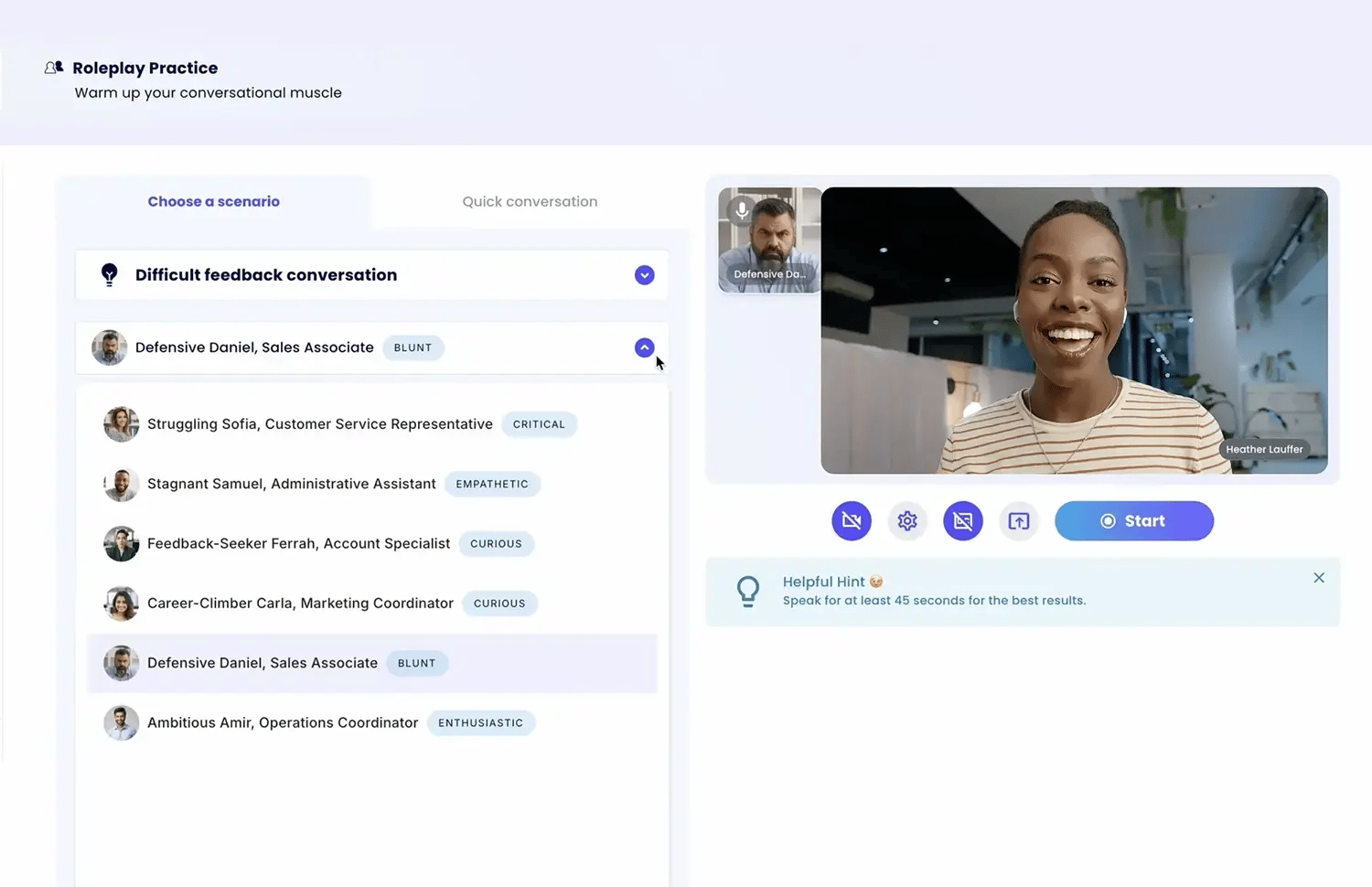 Screenshot of AI manager conversation coach interface showing a dashboard with activation tools.