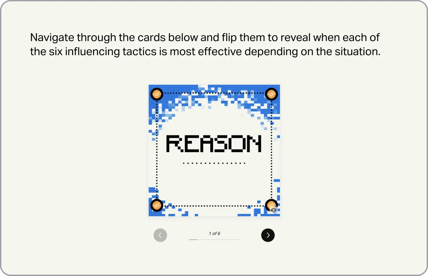 A screenshot taken from the user interface of an eWorkout showing a card called 'Reason' that the user can flit to reveal more information about the influencing tactic