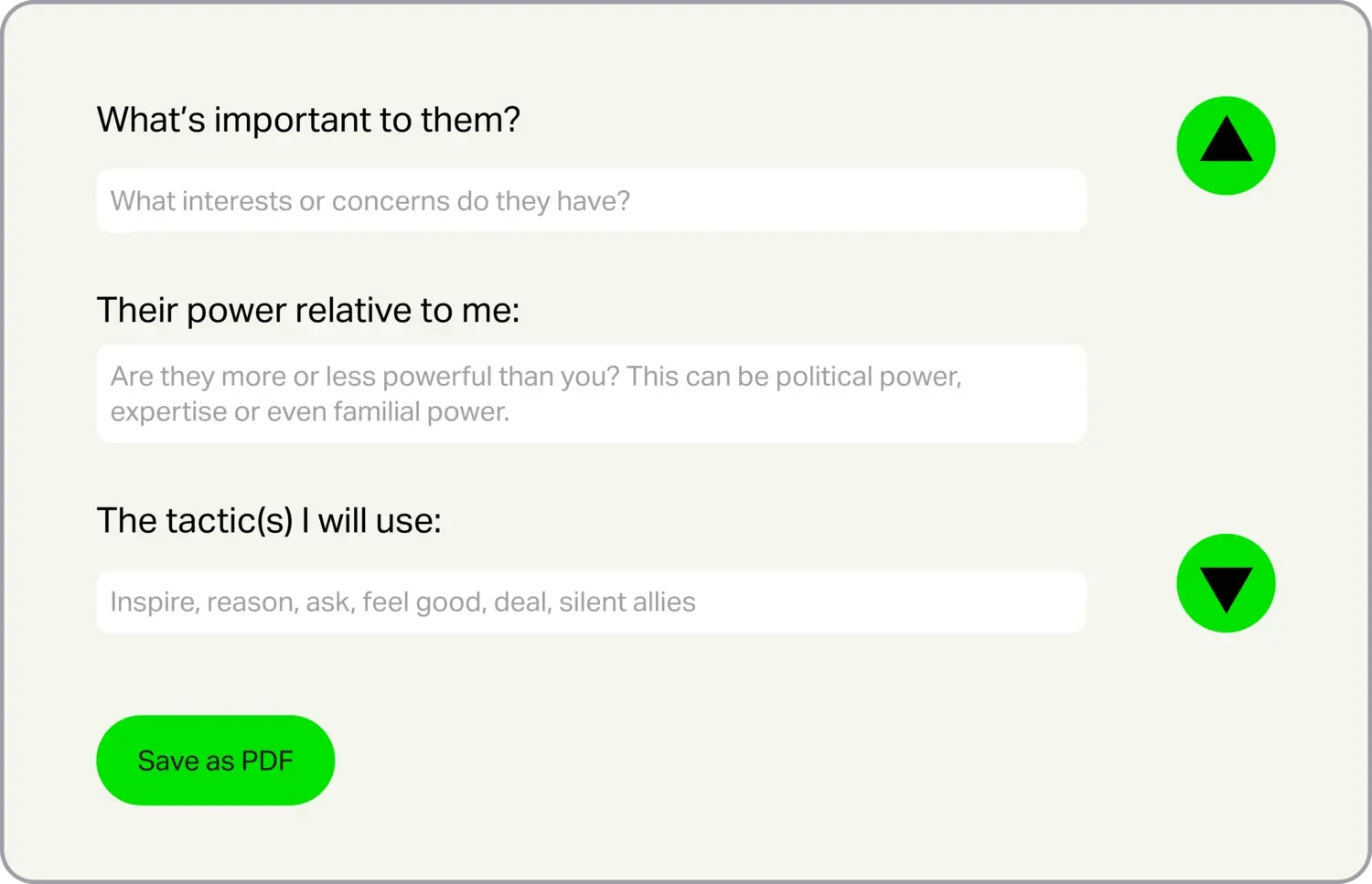 A screenshot taken from the user interface of an eWorkout showing three prompts where the user can respond in a text box related to that eWorkout's exercise
